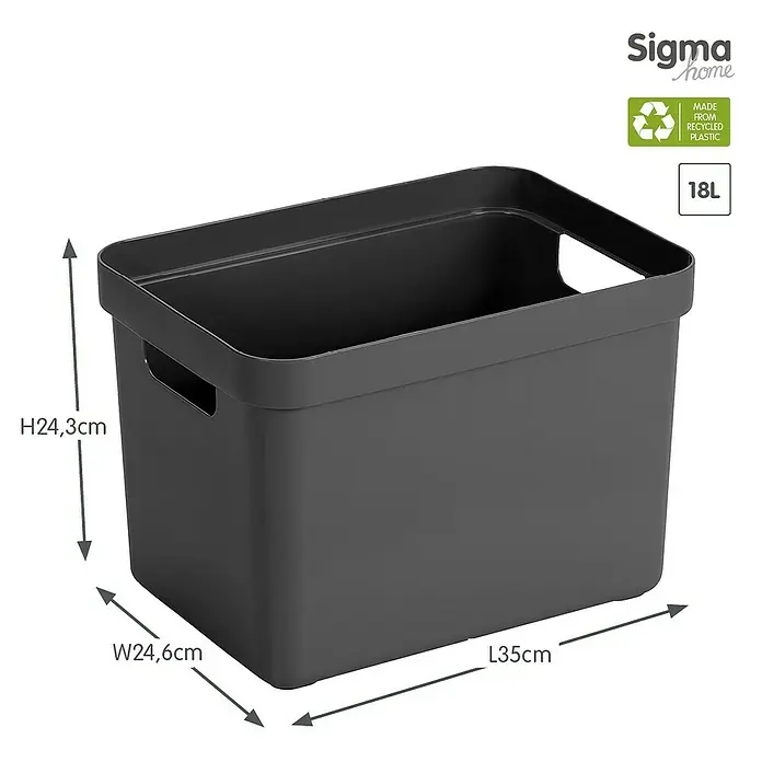 Sunware Aufbewahrungsbox Sigma Home - L x B x H: 35 x 24,6 x 24,3 cm, Kunststoff, Anthrazit - Produktbild einer grauen Sigma Home 18L Aufbewahrungsbox aus recyceltem Kunststoff mit Maßangaben.