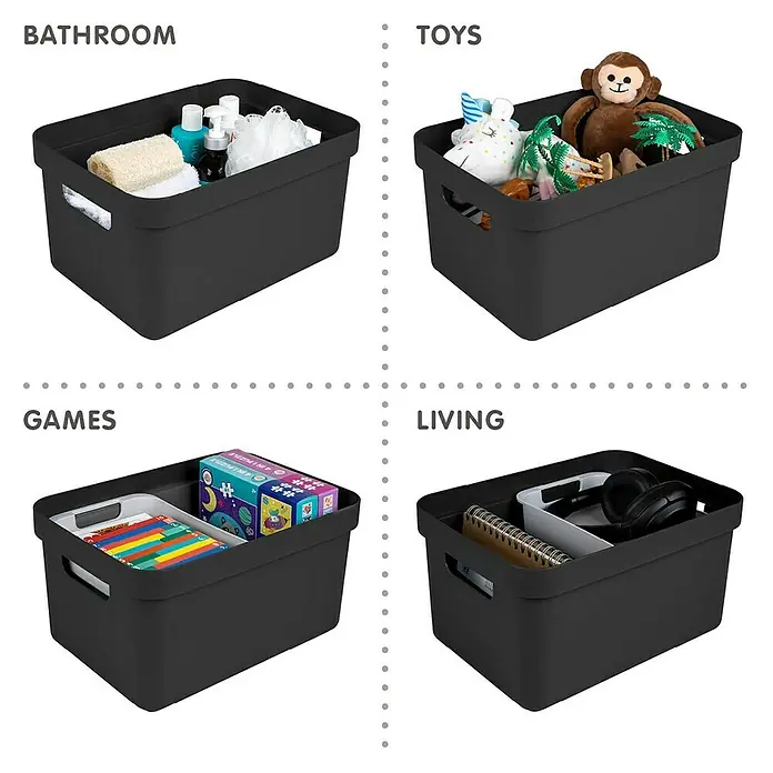 Sunware Aufbewahrungsbox Sigma Home - L x B x H: 35 x 24,6 x 18,3 cm, Kunststoff, Schwarz - Abgebildete sind graue Aufbewahrungsboxen, die mit Gegenständen für Bad, Spielzeug, Spiele und Wohnzimmer gefüllt sind. Praktische Ordnungshüter.