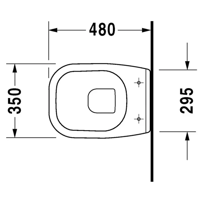 Duravit D-Code Wand-WC Compact - Mit Spülrand, Ohne Spezialglasur, Spülform: Tief, WC Abgang: Waagerecht, Weiß - Schemazeichnung eines wandhängenden WCs mit den Maßen 480x350x295 mm für Installationszwecke.