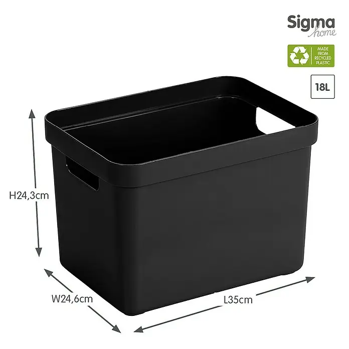 Sunware Aufbewahrungsbox Sigma Home - L x B x H: 35 x 24,6 x 24,3 cm, Kunststoff, Schwarz - Schwarze Sigma Home Aufbewahrungsbox aus recyceltem Kunststoff, 18L, mit Griffen und den Maßen H24,3cm x B24,6cm x L35cm.