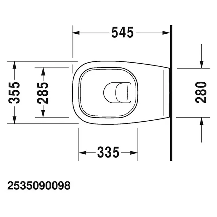 Duravit D-Code Wand-WC - Mit Spülrand, Ohne Spezialglasur, Spülform: Tief, WC Abgang: Waagerecht, Weiß - Draufsicht einer Toilette mit Maßen. Die Gesamtbreite beträgt 355 mm, die Länge 545 mm. Eine Skizze mit präzisen Abmessungen.