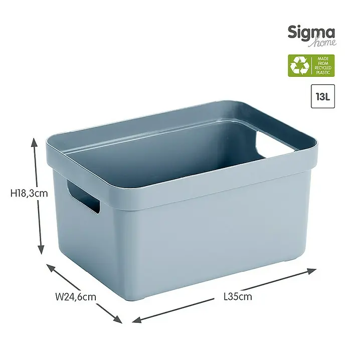 Sunware Aufbewahrungsbox Sigma Home - L x B x H: 35 x 24,6 x 18,3 cm, Kunststoff, Blaugrau - Produktbild einer grauen Sigma Home Aufbewahrungsbox aus recyceltem Kunststoff, Größe 13L, mit den Maßen H18,3cm, B24,6cm, L35cm.