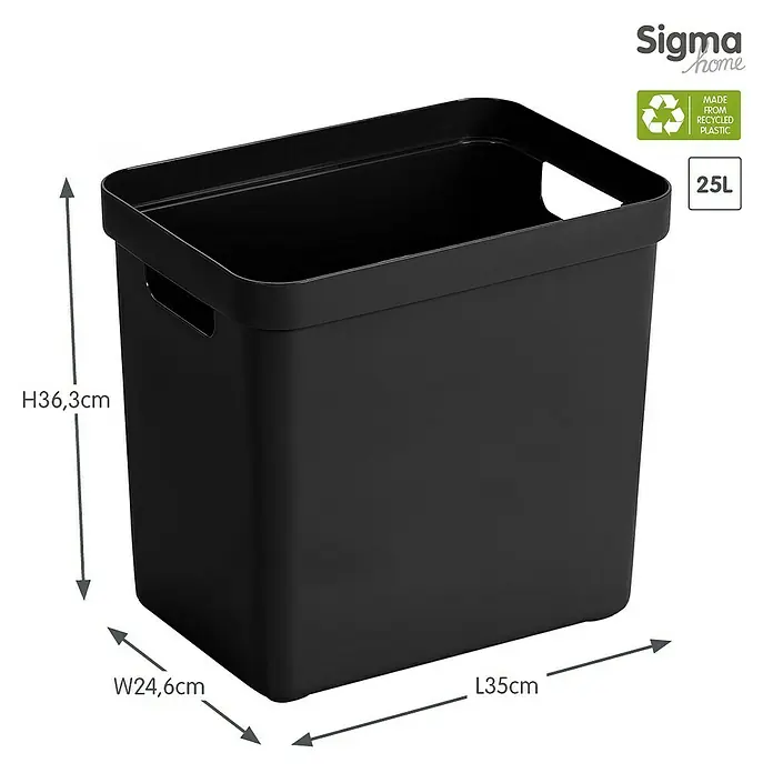 Sunware Aufbewahrungsbox Sigma Home - L x B x H: 35 x 24,6 x 36,3 cm, Kunststoff, Schwarz - Schwarzer Sigma Home Abfallbehälter mit den Maßen H36,3cm x B24,6cm x L35cm und einem Fassungsvermögen von 25 Litern, hergestellt aus recyceltem Kunststoff.
