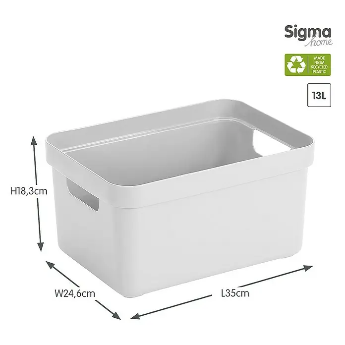 Sunware Aufbewahrungsbox Sigma Home - L x B x H: 35 x 24,6 x 18,3 cm, Kunststoff, Weiß - Produktfoto einer weißen 13L Sigma Home Aufbewahrungsbox aus recyceltem Kunststoff mit Größenangaben.