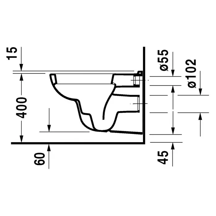 Duravit D-Code Wand-WC - Mit Spülrand, Ohne Spezialglasur, Spülform: Tief, WC Abgang: Waagerecht, Weiß - Technische Zeichnung einer Wandtoilette mit Maßen und Installationsdetails.