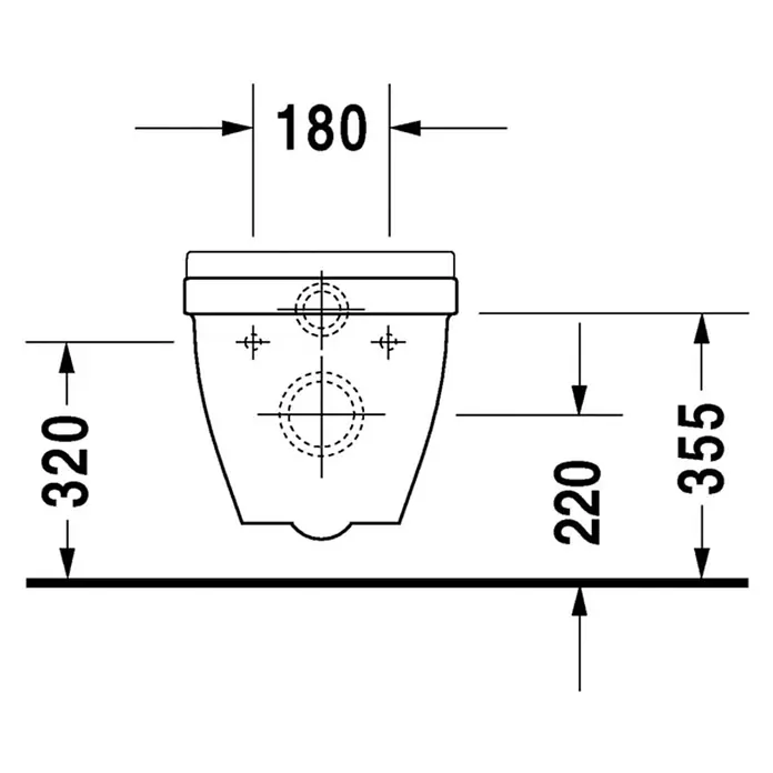 Duravit Starck 3 Wand-WC Compact - Mit Spülrand, Ohne Spezialglasur, Spülform: Tief, Sichtbarkeit Befestigung: Sichtbar, Weiß - Technische Zeichnung einer Duravit Wand-Toilette mit Maßangaben zu Montage und Design.