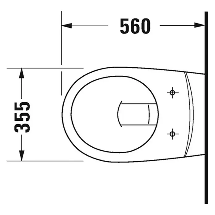 Duravit D-Code Wand-WC Basic - Mit Spülrand, Mit schmutzabweisender Glasur, Spülform: Tief, WC Abgang: Waagerecht, Weiß - Draufsicht einer Toilette mit Maßen. Das Bild zeigt die Abmessungen der Toilette in Millimetern.