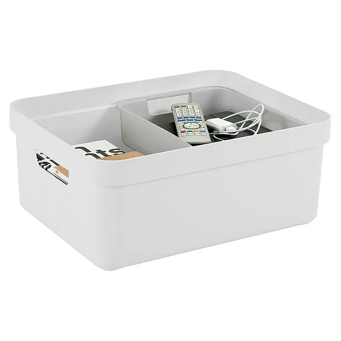 Sunware Aufbewahrungsbox Sigma Home - L x B x H: 44,5 x 34,5 x 18,3 cm, Kunststoff, Weiß - Weiße Aufbewahrungsbox mit verschiedenen Gegenständen darin, ideal zur Organisation von Elektronik und Büchern.