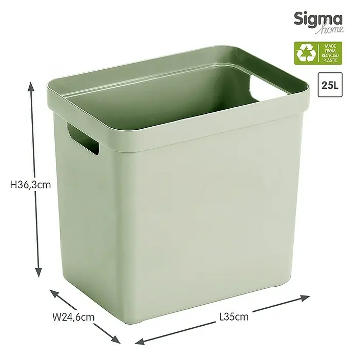 Sunware Aufbewahrungsbox Sigma Home - L x B x H: 35 x 24,6 x 36,3 cm, Kunststoff, Hellgrün - Abbildung eines 25L Sigma Home Recyclingbehälters aus recyceltem Kunststoff mit den Maßen H36,3cm, B24,6cm und L35cm.