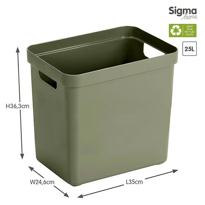 Sunware Aufbewahrungsbox Sigma Home - L x B x H: 35 x 24,6 x 36,3 cm, Kunststoff, Dunkelgrün - Abbildung eines Sigma Home Abfallbehälters aus recyceltem Kunststoff mit den Maßen H36,3cm, B24,6cm, L35cm und einem Fassungsvermögen von 25L.