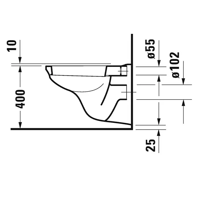 Duravit D-Code Wand-WC Basic - Mit Spülrand, Mit schmutzabweisender Glasur, Spülform: Tief, WC Abgang: Waagerecht, Weiß - Schema der Sanitärkeramik, das Abmessungen für Installation und Design angibt.