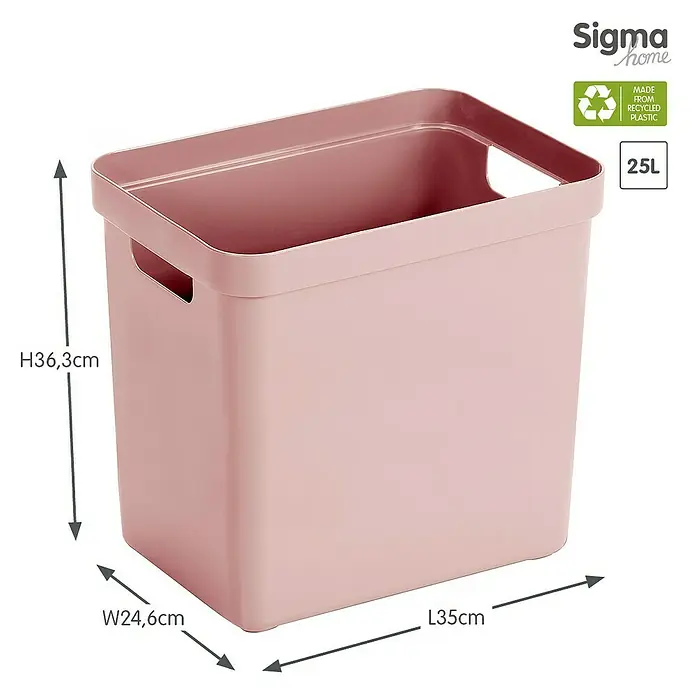 Sunware Aufbewahrungsbox Sigma Home - L x B x H: 35 x 24,6 x 36,3 cm, Kunststoff, Rosa - Abgebildeter rosafarbener Sigma Home Abfalleimer aus recyceltem Kunststoff mit 25L Fassungsvermögen und den Maßen H36,3cm, B24,6cm, L35cm.