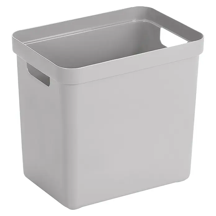 Sunware Aufbewahrungsbox Sigma Home - L x B x H: 35 x 24,6 x 36,3 cm, Kunststoff, Hellgrau - Eine graue, rechteckige Kunststoffbox mit Griffen. Die Box ist leer und steht auf einem schwarzen Hintergrund.
