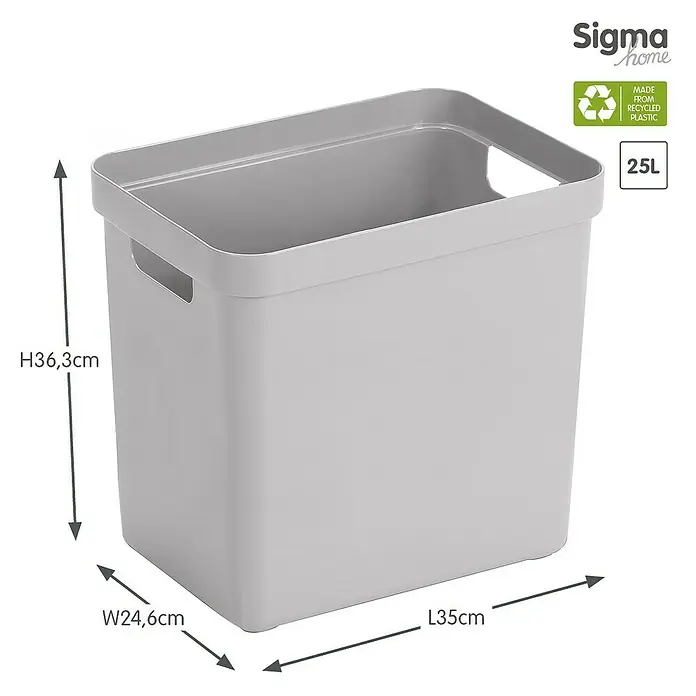 Sunware Aufbewahrungsbox Sigma Home - L x B x H: 35 x 24,6 x 36,3 cm, Kunststoff, Hellgrau - Bild eines grauen 25L Sigma Home Abfallbehälters aus recyceltem Kunststoff mit den Maßen H36,3cm, B24,6cm und L35cm.