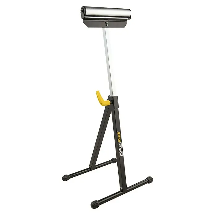 PowerPlus Caballete de trabajo POWX0700T - L x An x Al: 108 x 43 x 108 cm, Carga soportada: 60 kg - La imagen muestra un soporte de rodillos ajustable Powerplus, una herramienta para un trabajo preciso y apoyo en diversos proyectos.