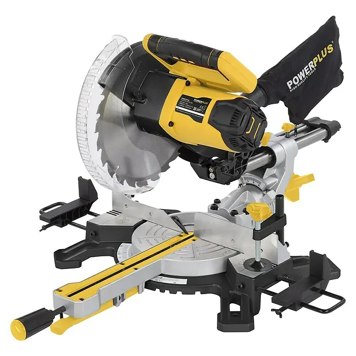 PowerPlus Sierra ingletadora telescópica POWX075730S - 2.100 W, Diámetro hoja de sierra: 254 mm, Número de revoluciones de marcha en vacío: 5.000 r.p.m. - Imagen de una sierra ingletadora POWERPLUS. La sierra es amarilla/negra y está diseñada para cortes precisos. Ideal para bricolaje.