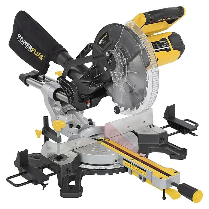 PowerPlus Sierra ingletadora telescópica POWX075730S - 2.100 W, Diámetro hoja de sierra: 254 mm, Número de revoluciones de marcha en vacío: 5.000 r.p.m. - Sierra ingletadora Powerplus con bolsa para polvo, amarilla y negra. Ideal para cortar madera y otros materiales con precisión.