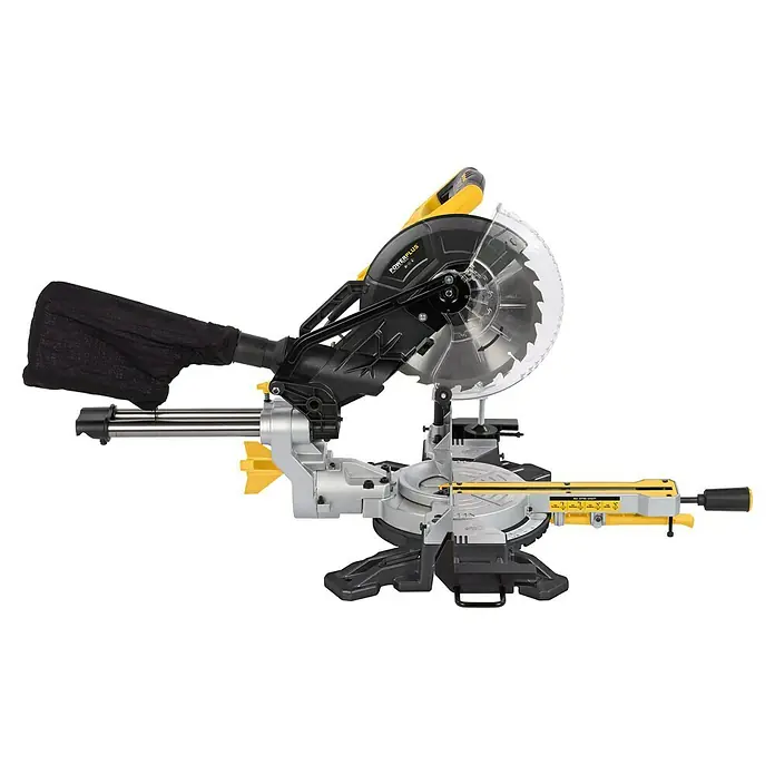 PowerPlus Sierra ingletadora telescópica POWX075730S - 2.100 W, Diámetro hoja de sierra: 254 mm, Número de revoluciones de marcha en vacío: 5.000 r.p.m. - Imagen de una sierra ingletadora telescópica POWERPLUS POWX07582, ideal para cortes de madera precisos.