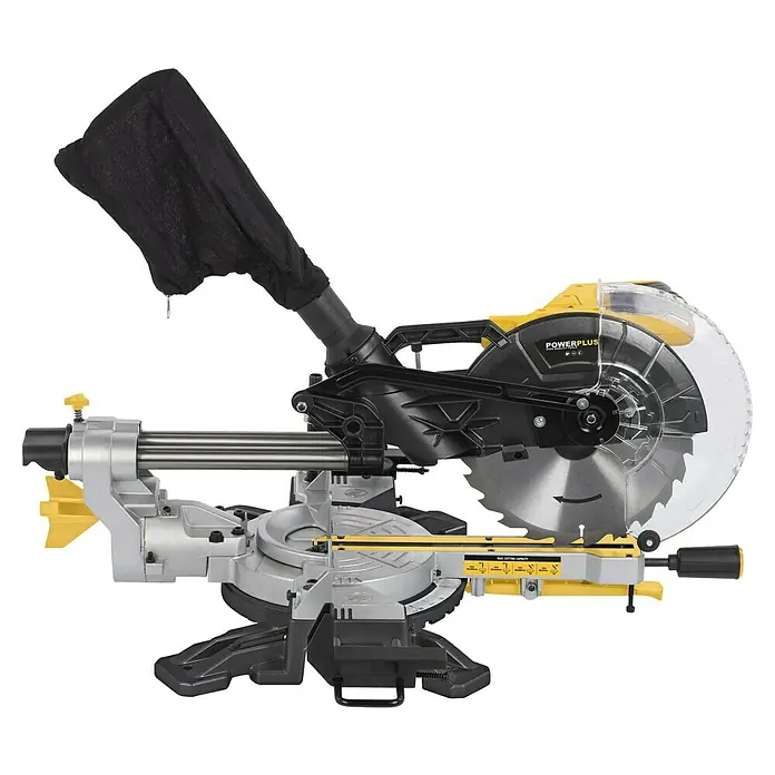 PowerPlus Sierra ingletadora telescópica POWX075730S - 2.100 W, Diámetro hoja de sierra: 254 mm, Número de revoluciones de marcha en vacío: 5.000 r.p.m. - Una sierra ingletadora Powerplus con una hoja de sierra y una bolsa de recolección de polvo, ideal para cortes precisos.