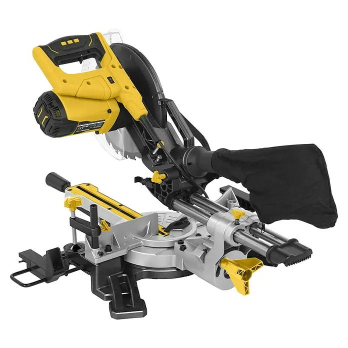 PowerPlus Sierra ingletadora telescópica POWX075730S - 2.100 W, Diámetro hoja de sierra: 254 mm, Número de revoluciones de marcha en vacío: 5.000 r.p.m. - Imagen de una sierra ingletadora compuesta amarilla y negra.