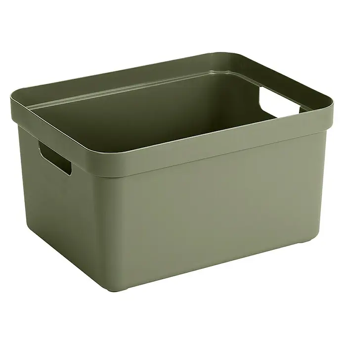 Sunware Aufbewahrungsbox Sigma Home - L x B x H: 44,5 x 34,5 x 24,3 cm, Kunststoff, Dunkelgrün - Ein olivgrüner, rechteckiger Aufbewahrungskorb aus Kunststoff mit praktischen Griffen an den Seiten zur einfachen Handhabung und Organisation.