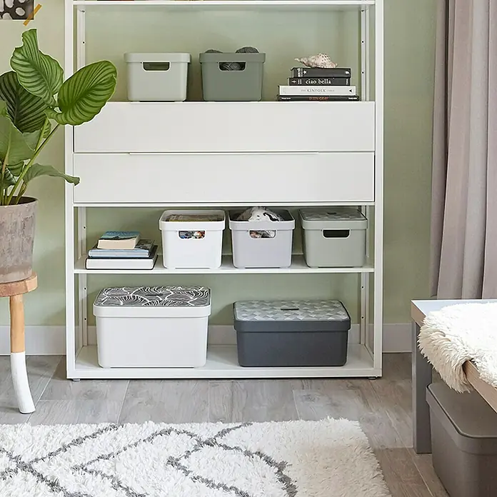 Sunware Aufbewahrungsbox Sigma Home - L x B x H: 44,5 x 34,5 x 24,3 cm, Kunststoff, Weiß - Vielfältige Aufbewahrungslösungen: Regale mit stilvollen Boxen in verschiedenen Größen und Farben für ein organisiertes Zuhause.