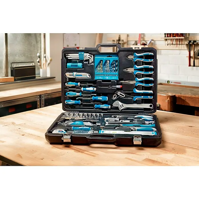 Wisent Werkzeugkoffer All in One XL - Stahl, 117 -tlg. - Ein umfassender Werkzeugkoffer mit einer Vielzahl von Werkzeugen für verschiedene Heimwerkerprojekte, ordentlich in einem schwarzen Koffer verstaut.