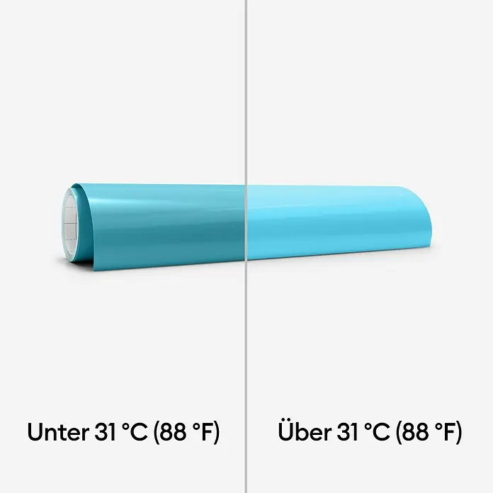 Cricut Vinylfolie Color Change Hot Permanent - 1 Stk., Türkis/Hellblau, 30 x 60 cm - Thermochromfolie: Farbwechsel je nach Temperatur. Links unter 31°C dunkler, rechts über 31°C heller.