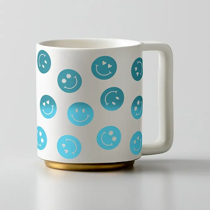 Cricut Vinylfolie Color Change Hot Permanent - 1 Stk., Türkis/Hellblau, 30 x 60 cm - Keramiktasse mit blauem Smiley-Muster und goldenem Sockel. Die Tasse ist weiß und hat einen quadratischen Henkel, ideal für den täglichen Gebrauch.