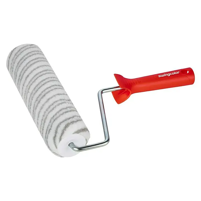 swingcolor Farbroller K48 - Breite Walze: 25 cm, Bügelstärke: 8 mm, Florhöhe: 12 mm - Farbwalze der Marke Swingcolor mit grau gestreiftem Bezug und rotem Griff für gleichmäßiges Auftragen von Farbe auf Oberflächen.