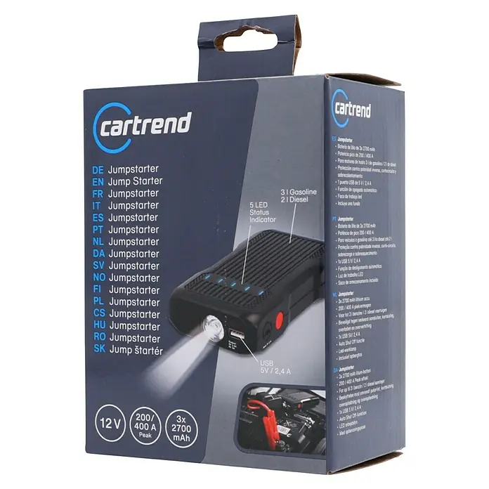 Cartrend Energiestation mi Starthilfe Jump-Starter - Spannung: 12 V - Cartrend Jumpstarter: Kompakter 12V-Starthilfe mit 200/400A Spitzenleistung, 3x 2700mAh Akku, USB-Anschluss und LED-Statusanzeige für PKWs.