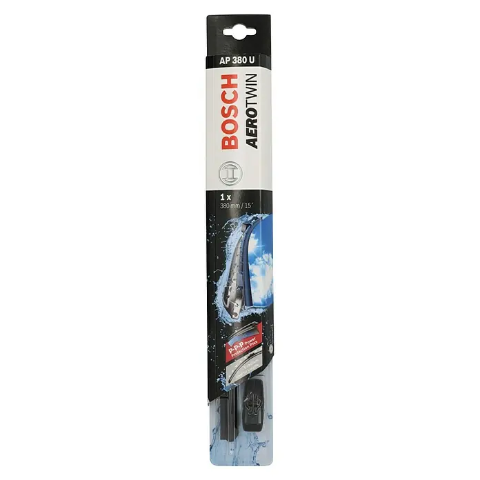 Bosch Heck-Scheibenwischer Aerotwin KSN AP380U - AP380U, 1 Stk. - Produktverpackung eines Bosch Aerotwin Scheibenwischers, Modell AP 380 U, mit Produktinformationen und einem Bild des Wischers.