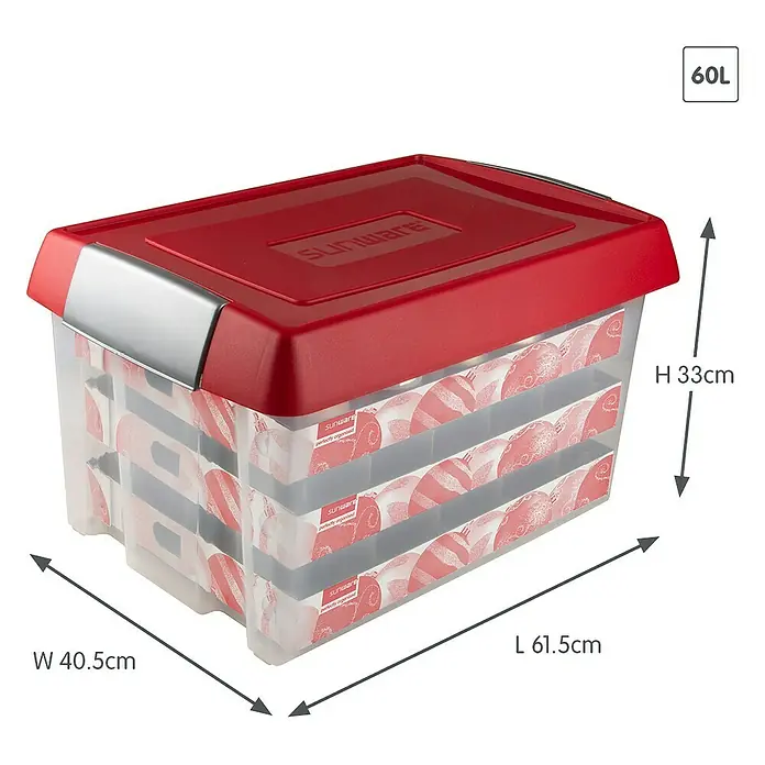 Sunware Aufbewahrungsbox Nesta für Weihnachtskugeln - Passend für: 60 Christbaumkugeln (Ø 70 - 80 mm), L x B x H: 61,5 x 33 x 40,5 cm, Kunststoff, Transparent - Abbildung einer 60-Liter-Sunware-Aufbewahrungsbox mit rotem Deckel und transparentem Körper, ideal für die Organisation verschiedener Gegenstände.