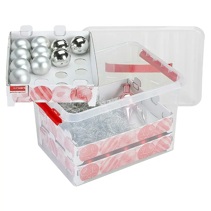 Sunware Aufbewahrungsbox Q-Line für Weihnachtskugeln - Passend für: 60 Christbaumkugeln (Ø 45 - 60 mm), L x B x H: 40 x 30 x 29 cm, Kunststoff, Transparent - Eine durchsichtige Aufbewahrungsbox für Weihnachtsdekoration, gefüllt mit Kugeln, Girlanden und Baumspitzen.