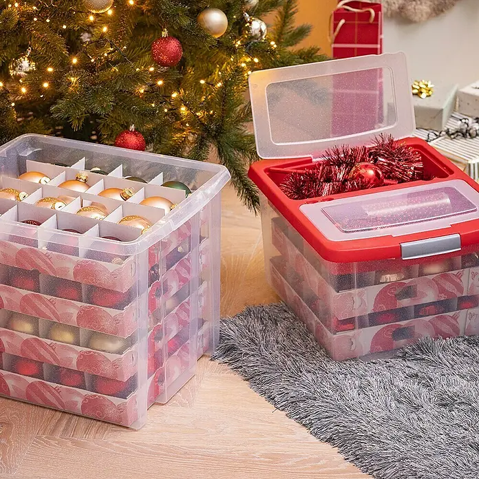SUNWARE Weihnachtsbox 60 Liter – Mit Tabletts Für 60 Kugeln, Transparent/rot, Stapelbar