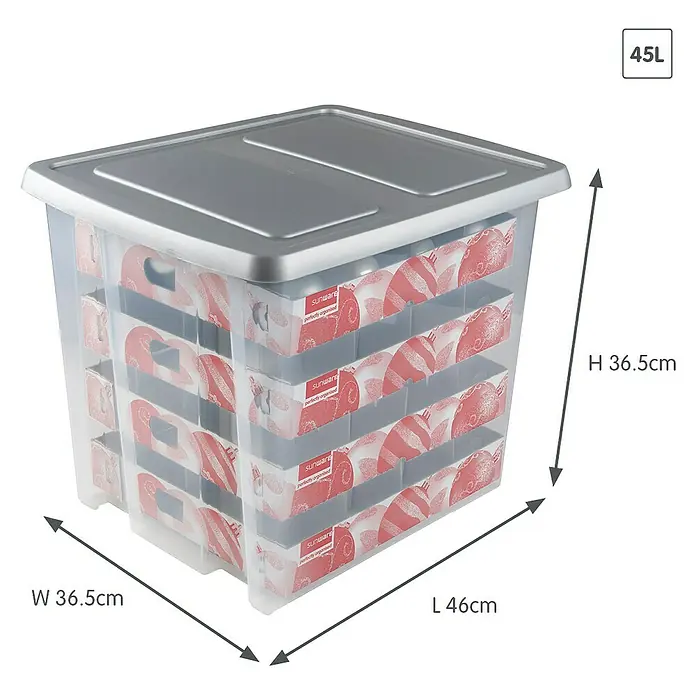 Sunware Aufbewahrungsbox Nesta für Weihnachtskugeln - Passend für: 64 Christbaumkugeln (Ø 70 - 80 mm), L x B x H: 46 x 36,5 x 36,5 cm, Kunststoff, Transparent, Farbe Deckel: Grau - Bild eines Sunware-Aufbewahrungsbehälters mit Deckel. Dieser 45-Liter-Behälter ist ideal, um Gegenstände ordentlich und organisiert zu verstauen.