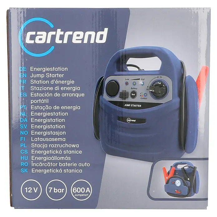 Cartrend Energiestation - 12 V, 7 bar - Bild der Verpackung eines Cartrend Jump Starters, einer tragbaren Starthilfe mit 12V, 7 bar und 600A Jumpstart Leistung.