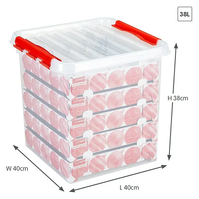 Sunware Aufbewahrungsbox Q-Line für Weihnachtskugeln - Passend für: 125 Christbaumkugeln (Ø 45 - 60 mm), L x B x H: 40 x 40 x 40 cm, Kunststoff, Transparent - Ein transparenter 38L Sunware Aufbewahrungsbehälter mit roten Verschlüssen und Abmessungen für Länge, Breite und Höhe ist dargestellt.