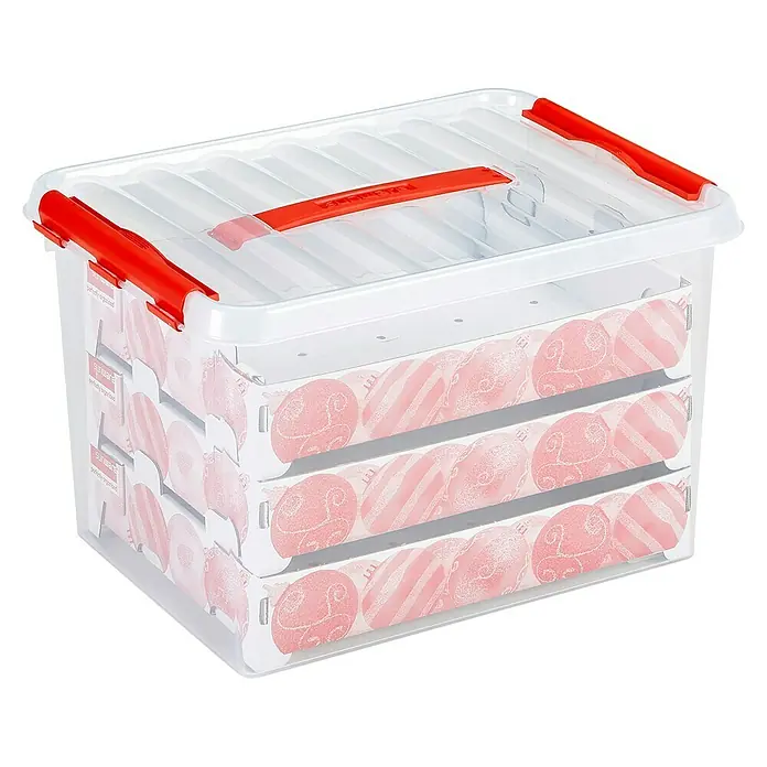 Sunware Aufbewahrungsbox Q-Line für Weihnachtskugeln - Passend für: 60 Christbaumkugeln (Ø 45 - 60 mm), L x B x H: 40 x 30 x 29 cm, Kunststoff, Transparent - Aufbewahrungsbox mit Weihnachtsornament-Design, rotem Griff und Deckel, ideal zum Organisieren von Dekorationen.