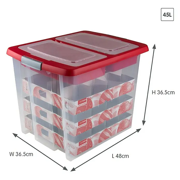 Sunware Aufbewahrungsbox Nesta für Weihnachtskugeln - Passend für: 48 Christbaumkugeln ( Ø 70 - 80 mm), L x B x H: 48 x 36,5 x 36,5 cm, Kunststoff, Transparent - Produktbild einer roten und transparenten Sunware 45L Aufbewahrungsbox mit Deckel und den Maßen H 36,5cm, B 36,5cm und L 48cm.