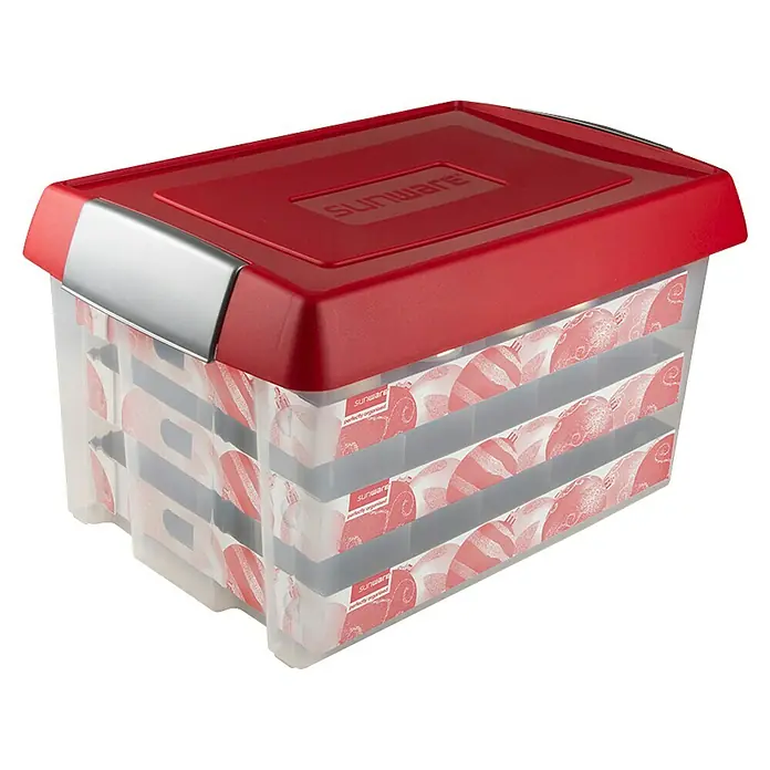 Sunware Aufbewahrungsbox Nesta für Weihnachtskugeln - Passend für: 60 Christbaumkugeln (Ø 70 - 80 mm), L x B x H: 61,5 x 33 x 40,5 cm, Kunststoff, Transparent - Rote Sunware-Aufbewahrungsbox mit silberfarbenen Akzenten, ideal zur organisierten Aufbewahrung von Weihnachtsdekorationen und saisonalen Artikeln.
