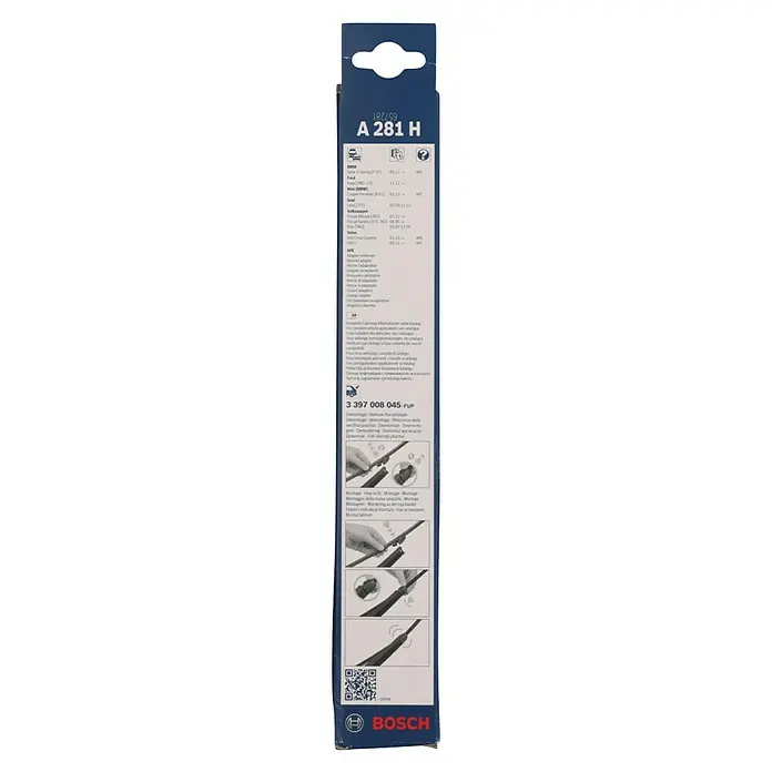 Bosch Heck-Scheibenwischer Aerotwin Rear A281H - A281H, 1 Stk. - Produktbild der Bosch A 281 H Scheibenwischerverpackung mit Anweisungen und Fahrzeuganwendungen.