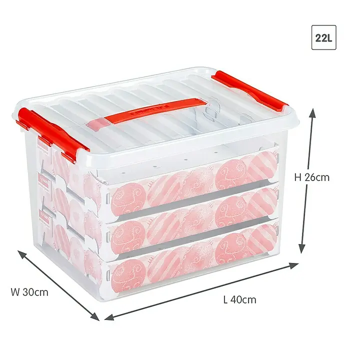 Sunware Aufbewahrungsbox Q-Line für Weihnachtskugeln - Passend für: 60 Christbaumkugeln (Ø 45 - 60 mm), L x B x H: 40 x 30 x 29 cm, Kunststoff, Transparent - Ein 22L Aufbewahrungsbehälter mit durchsichtigem Deckel und roten Griffen, perfekt zur Aufbewahrung von Weihnachtsdekorationen.