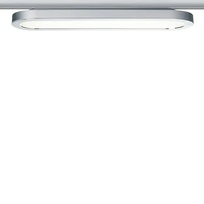 Paulmann URail Panel LED Loop - 7 W, Cromo, L x An x Al: 38 x 11 x 3,5 cm - Primer plano de una moderna lámpara de techo LED ovalada con marco cromado que emite una luz brillante y difusa.