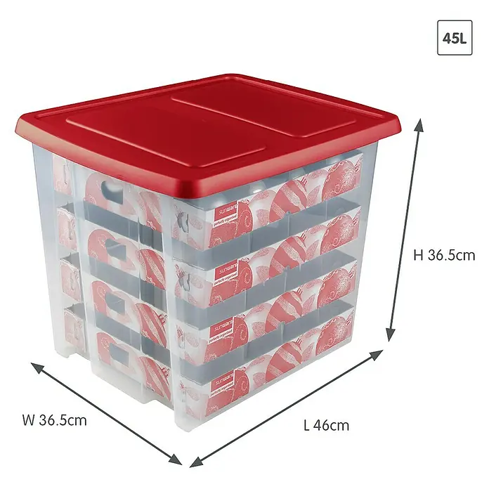 Sunware Aufbewahrungsbox Nesta für Weihnachtskugeln - Passend für: 64 Christbaumkugeln ( Ø 70 - 80 mm), L x B x H: 46 x 36,5 x 36,5 cm, Kunststoff, Transparent, Farbe Deckel: Rot - Ein durchsichtiger 45L Sunware Aufbewahrungsbehälter mit roten Deckel und den Maßen H 36.5cm x B 36.5cm x L 46cm.