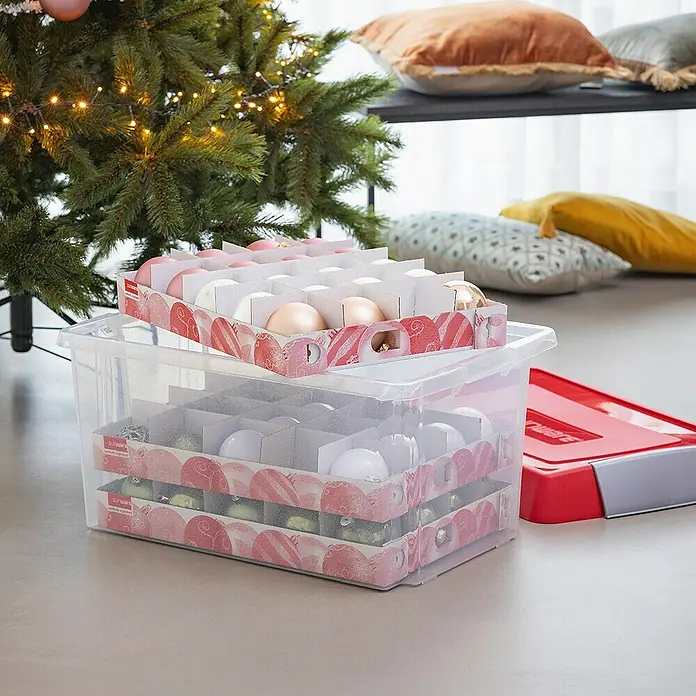 Sunware Aufbewahrungsbox Nesta für Weihnachtskugeln - Passend für: 60 Christbaumkugeln (Ø 70 - 80 mm), L x B x H: 61,5 x 33 x 40,5 cm, Kunststoff, Transparent - Aufbewahrungsbox für Weihnachtskugeln mit Fächern, um Ornamente sicher und ordentlich zu verstauen. Perfekt für die saisonale Dekoration.