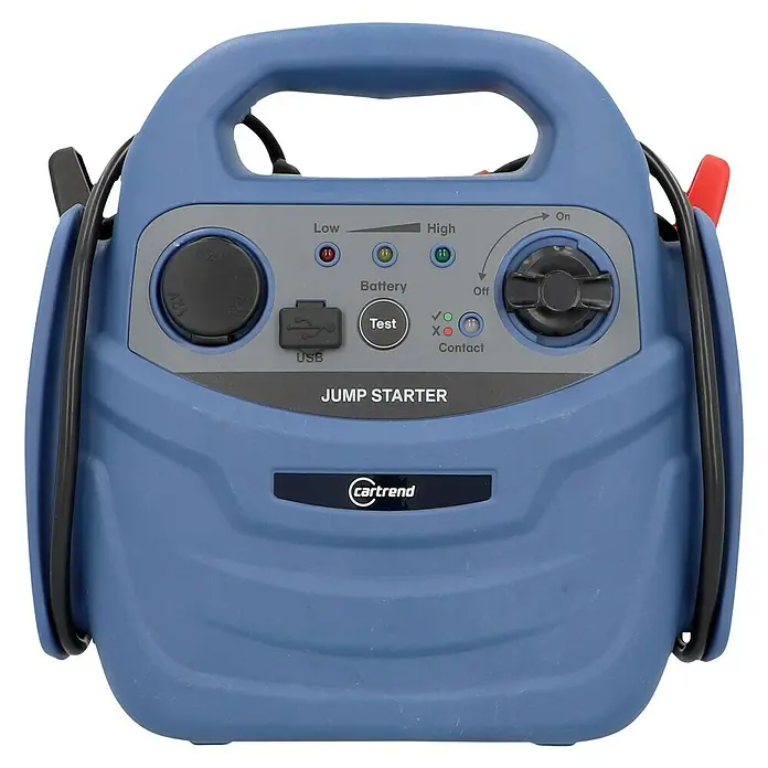 Cartrend Energiestation - 12 V, 7 bar - Blaues Starthilfegerät mit Ladestandsanzeige, USB-Anschluss und Drehschalter. Ideal für den Notfall.