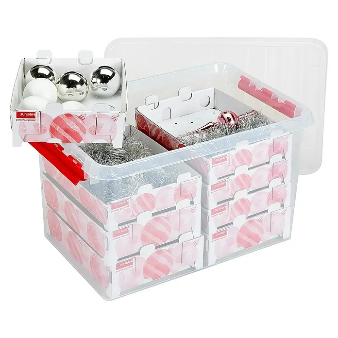 Sunware Aufbewahrungsbox Q-Line für Weihnachtskugeln - Passend für: 116 Christbaumkugeln (80 x Ø 45 - 60 mm & 36 x Ø 70 - 80 mm), L x B x H: 60 x 40 x 34 cm, Kunststoff, Transparent - Aufbewahrungsbox für Weihnachtsschmuck mit mehreren Einsätzen zur ordentlichen Aufbewahrung von Kugeln und anderem Baumschmuck.