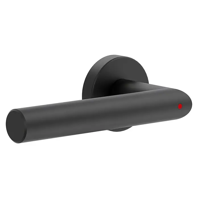 Diamond Doors Zimmertürgarnitur L-Form Premium Smart2Lock links - Stärke Tür: 38 mm - 45 mm, L-Form, Schwarz, DIN Anschlag: Links, Passend für: Türen ohne Schlüssellochbohrung, Türen mit Schlüssellochbohrung benötigen zusätzlich eine Blindrosette - Schwarzer Türgriff mit runder Rosette und einem kleinen roten Punkt am Ende des Griffs. Elegantes Design für moderne Inneneinrichtung.