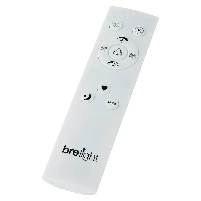 Brilliant LED-Deckenleuchte rund Tanida - 46 W, Ø x H: 57 x 3,2 cm, Silber, RGBW - Nahaufnahme einer weißen "Brelight" Fernbedienung mit verschiedenen Tasten für Lichtmodi, Helligkeit und Ein/Aus.